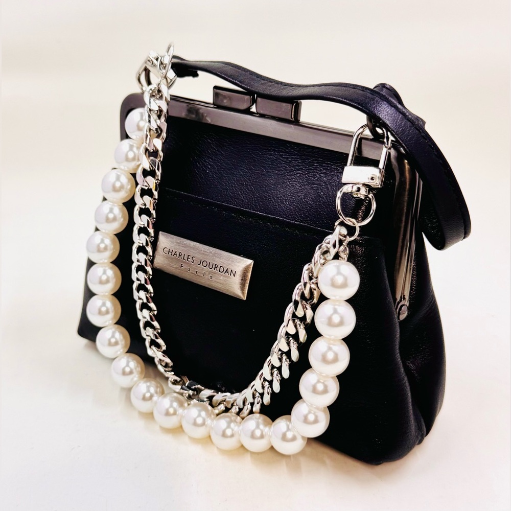 Charles Jourdan Paris Black Leather Mini Top-Handle Bag W/Pearl & Silver Chain - Picture 2 of 6